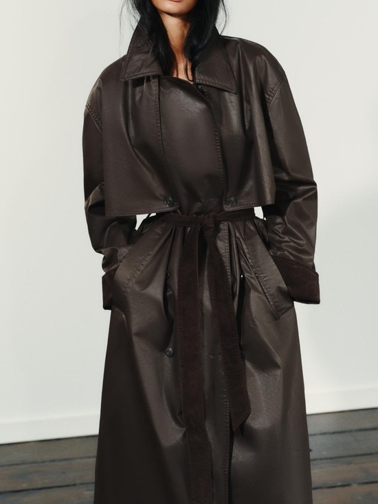 Zara Jackets & Blazers - Zara 🔥Oversized Trench Coat Waxing and Cordoroy Cuffs Dark Brown Long Belted NWT